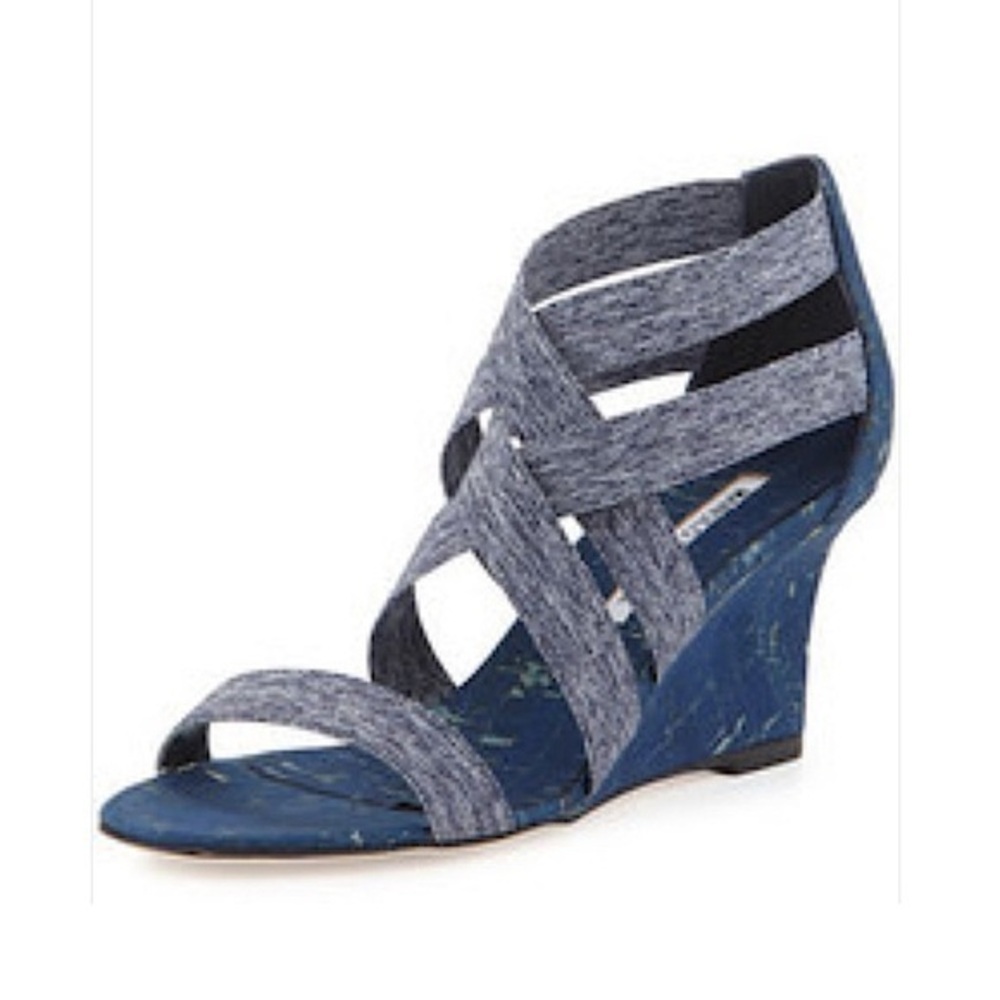 Manolo Blahnik “Glassa” Crisscross Denim Wedge Sandals in Blue, Size 10